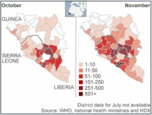 Figure 1. Biosurveillance showing an increase in Ebola cases reported in West African areas from October to November 2014. (Released)