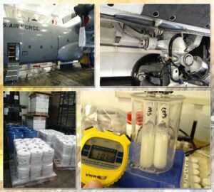 Figure 1: C-130 wash (upper left), C-17 landing gear wash (upper right), SSDX-12 manufacturing (lower left), stimulant agents remain emulsified after one hour (lower right). (Released)