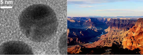 Figure 4. Searching for a 50 nm nanoparticle in your morning cup of coffee? Good luck, that task would be equivalent (by volume) to searching for a needle in a haystack large enough to fill the Grand Canyon—more than 30 times! (Released)