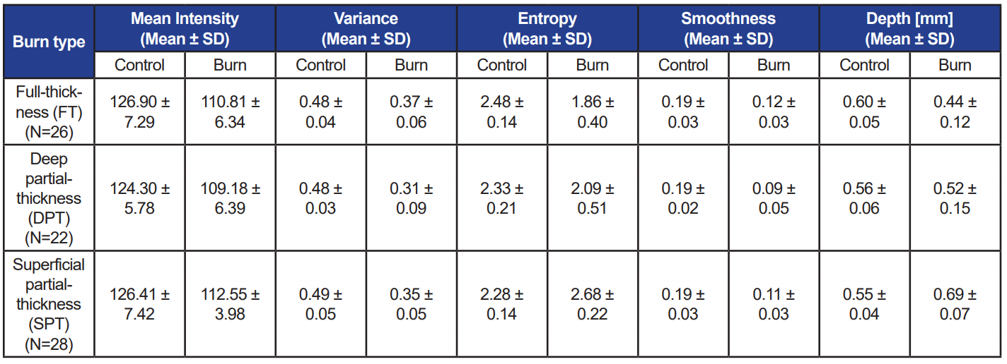 Table 1. Average values of features computed from OCT scans over control and burn regions for each burn type