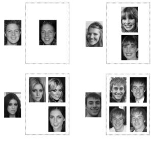 Figure 6. An example of the face matching arrays from reference 12. A single face is presented to the left, the array of photos to the right. Participants decide if the face on the left matches the photo(s) on the right. The example arrays showing one and three photos show the same person (match trials), while arrays showing 2 and 4 photos show different people (mismatch trials). (Released)