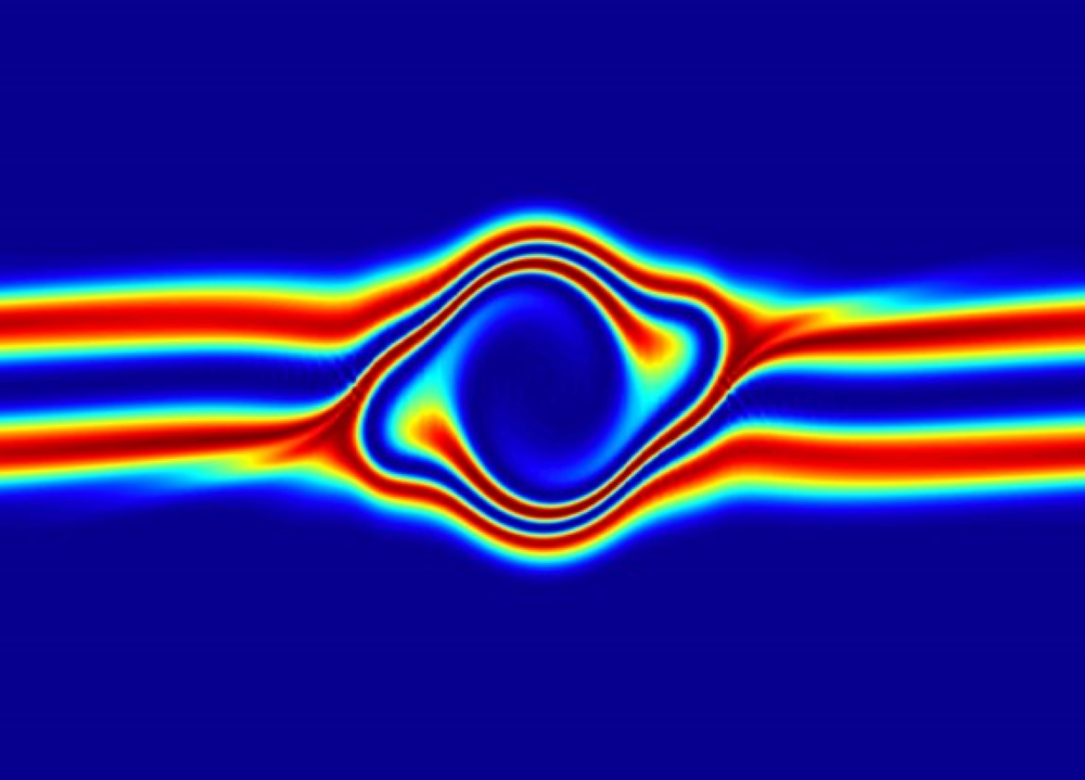 Simulation of plasma/fusion interactions by highlighting color bands.