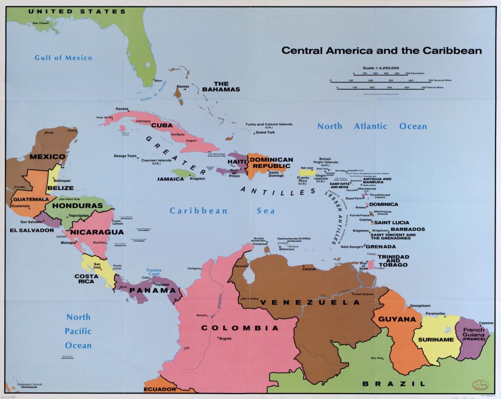 A political map of the Caribbean Sea showing Central and South America.