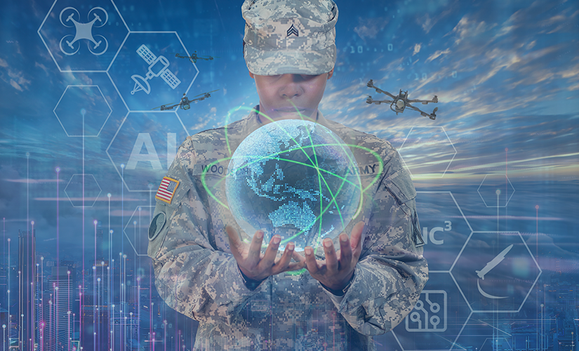 graphic of soldier holding digital world