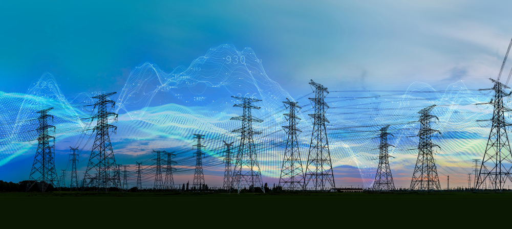 Image of power lines and energy illustrated in the background.