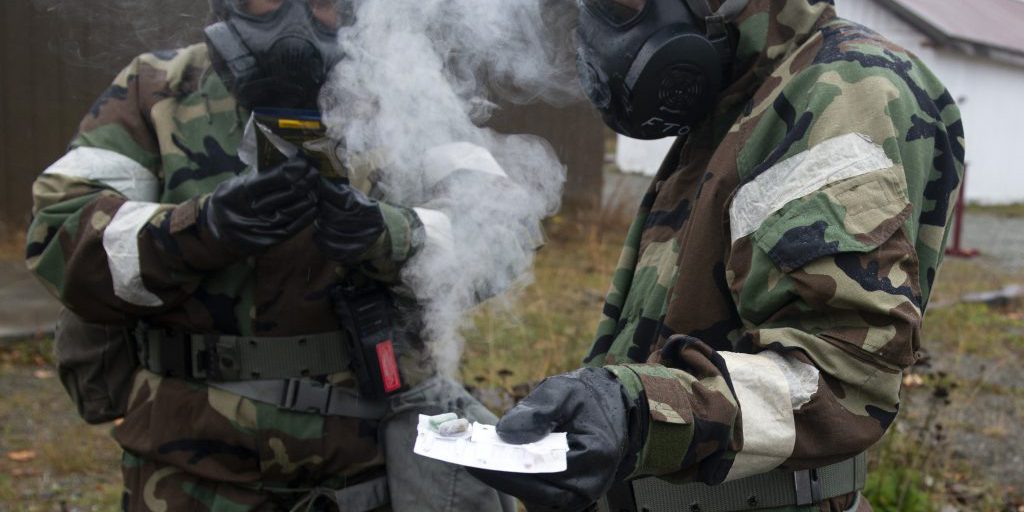 U.S. Airmen assigned to the 673d Air Base Wing use a chemical detection kit in a simulated hazardous environment during Polar Force 20-1 at Joint Base Elmendorf-Richardson, Alaska, Oct. 9, 2019. Designed to test JBER’s mission readiness, Polar Force 20-1 is a two-week exercise that hones Airmen’s skills and experience when facing adverse situations. Airmen refined their contingency tactics, techniques and procedures in support of the Pacific Air Force’s Agile Combat Employment concept of operations. Agile Combat Support excellence yields multi-domain operations success. (U.S. Air Force photo by Airman 1st Class Emily Farnsworth)