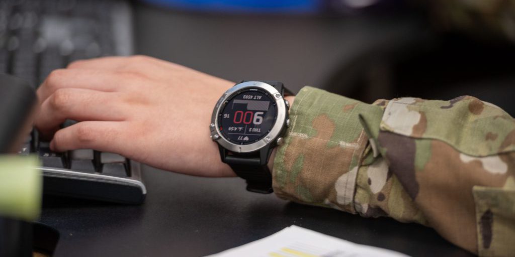 Airman Katiha Falcon, 649th Munitions Squadron, wears a smartwatch Dec. 3, 2020, at Hill Air Force Base, Utah. Airmen from 649th MUNS are wearing watches and rings for a study with the Defense Innovation Unit that will allow detection of illnesses such as COVID-19 within 48 hours (U.S. Air Force photo by Cynthia Griggs).