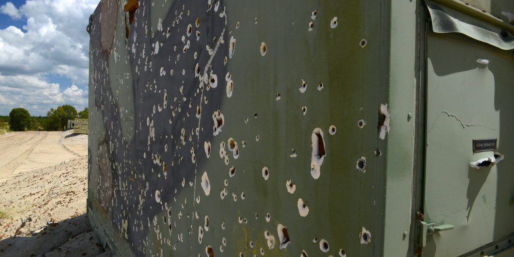 Targets are riddled with holes from aircraft target training missions at Poinsett Electronic Combat Range, Sumter, SC, on September 4, 2014. In 2013, there were 172,160 bullets shot at the range, including 20-mm, 7.62-mm, and .50-caliber bullets (U.S. Air Force photo by Airman 1st Class Diana M. Cossaboom/released).