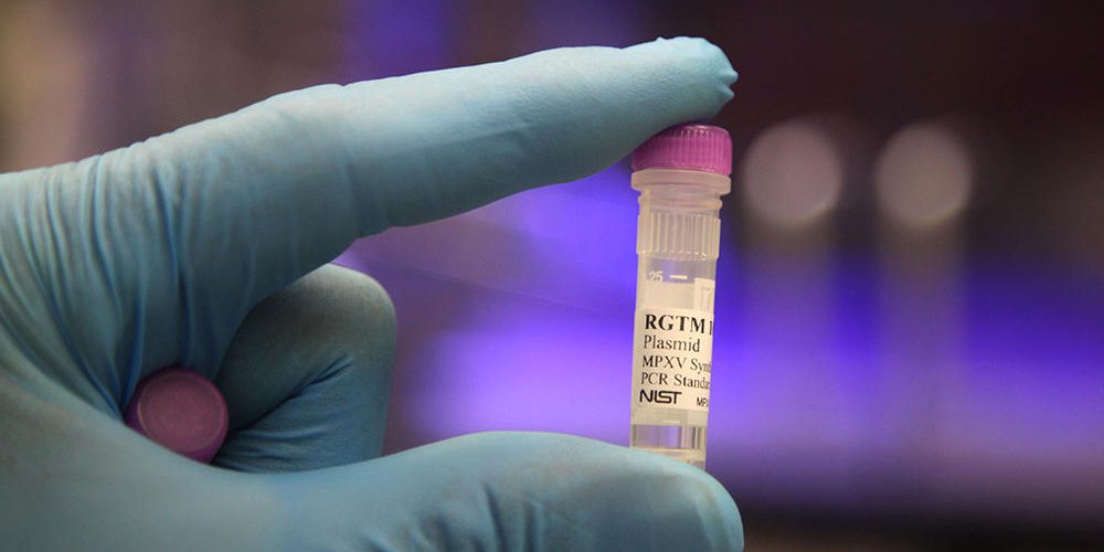 A vial of the positive control material from NIST that can be used to help ensure the accuracy of tests for monkeypox (credit: R. Press/NIST).