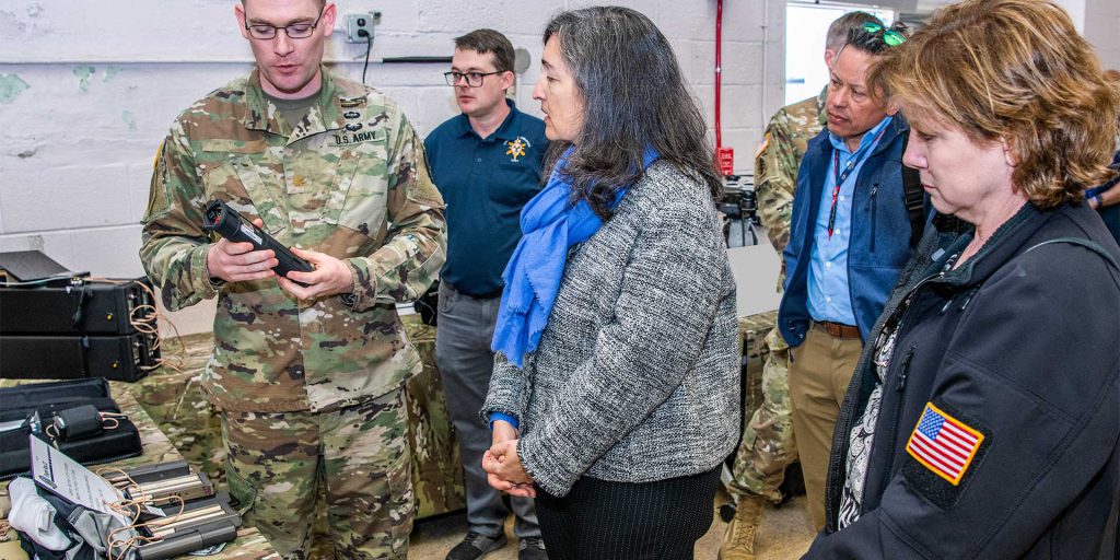 Ms. Rebecca Hersman, Director of Defense Threat Reduction Agency (DTRA), and Ms. Erin M. Logan, Deputy Assistant Secretary of Defense for Special Operations Policy & Programs, attend the technology demonstration at Fort Story, Virginia (DTRA).