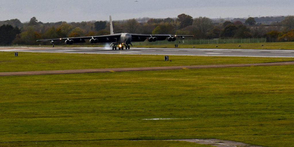 A B-52H Stratofortress bomber, assigned to the 2nd Bomb Wing from Barksdale Air Force Base, Louisiana, lands after a routine aerial mission during Bomber Task Force Europe 20-1 while deployed to RAF Fairford, United Kingdom, Nov. 4, 2019. This BTF is the global employment of U.S. strategic bombers, nuclear and conventional, providing strategic military advantage to achieve national and combatant commander objectives (U.S. Navy photo by Mass Communication Specialist 2nd Class Eric Coffer).