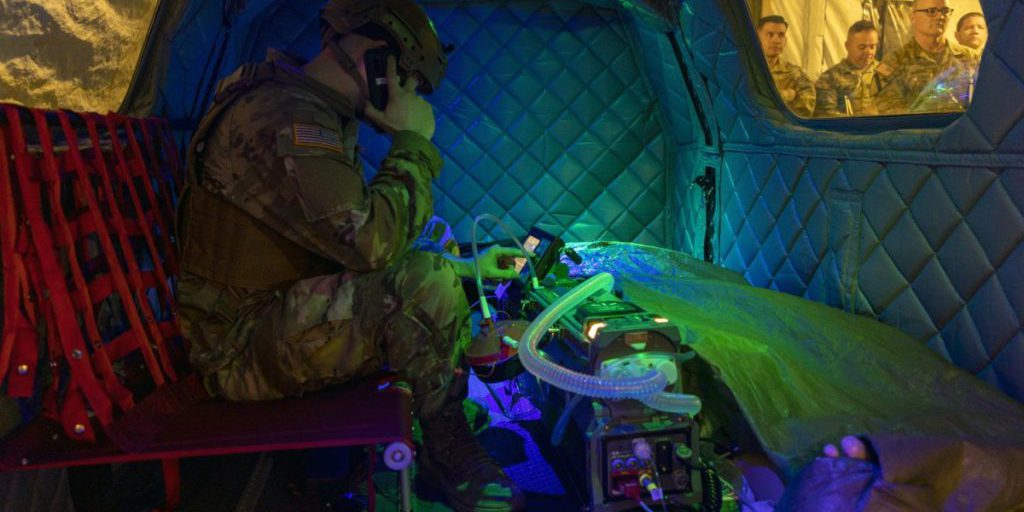A U.S. Army Soldier tests out life-saving medical equipment during the U.S. Army Medical Research and Development Command’s Capability Days at Fort Detrick, Maryland, in April 2022 (U.S. Army photo by Austin Thomas, Army Futures Command).