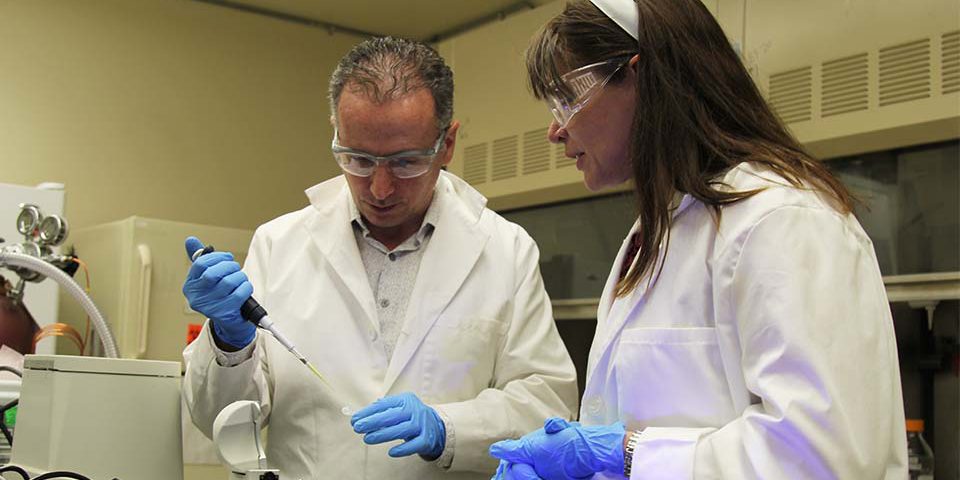 Dr. Rabih Jabbour, a DEVCOM CBC scientist, works alongside Helen Mearns, deputy director of the DHS S&T CSAC, in the new Chemical Security Laboratory at Aberdeen Proving Ground, Maryland.
