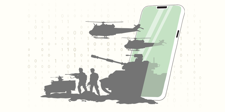 graphic-silhouettes of soldiers, tanks, helicopters