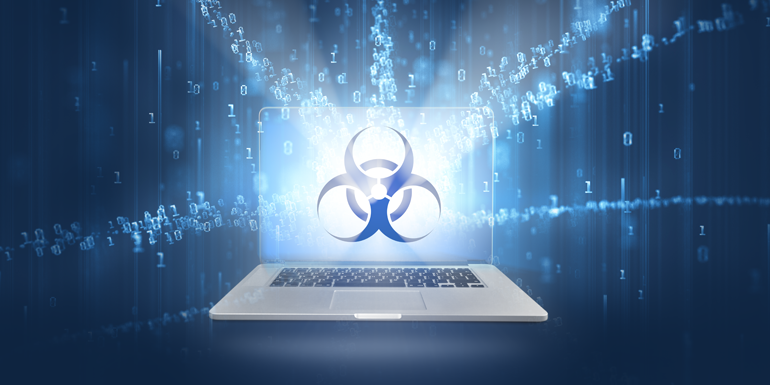 graphic of laptop with nuclear symbol on screen