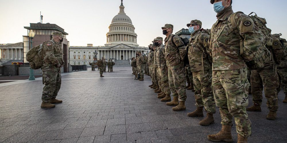 New Jersey National Guard soldiers and airmen arrive near the U.S. Capitol to set up security positions in Washington, D.C., Jan. 12, 2021. Guardsmen from several states have traveled to Washington to provide support to federal and district authorities leading up to the 59th Presidential Inauguration (Master Sgt. Matt Hecht).