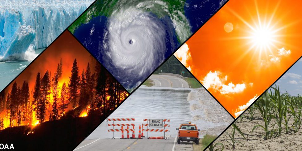 A collage of typical climate and weather-related events: floods, heatwaves, drought, hurricanes, wildfires and loss of glacial ice. (NOAA)