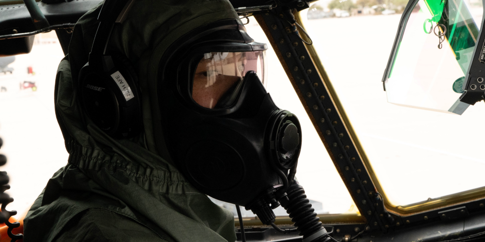 Air Force member trains with a new respirator