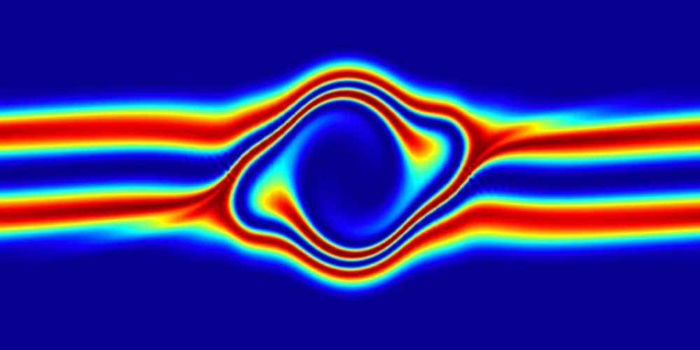 Simulation of plasma/fusion interactions by highlighting color bands.