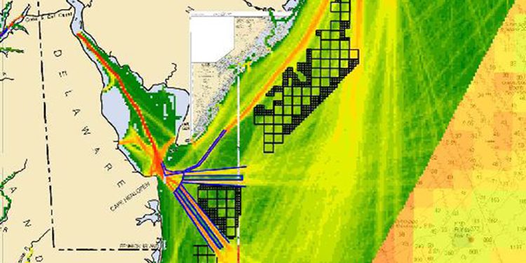 This map created from a digital tracking tool shows the density of maritime traffic in and out of Delaware Bay overlaid with black grid-blocks locating proposed wind energy areas off the coasts of New Jersey, Delaware, and Maryland. The image is from the Atlantic Coast Port Assess Route Study undertaken by the Coast Guard to address potential navigational safety risks associated with offshore wind energy development  (graphic courtesy of National Oceanic and Atmospheric Administration/MarineCadastre.gov).