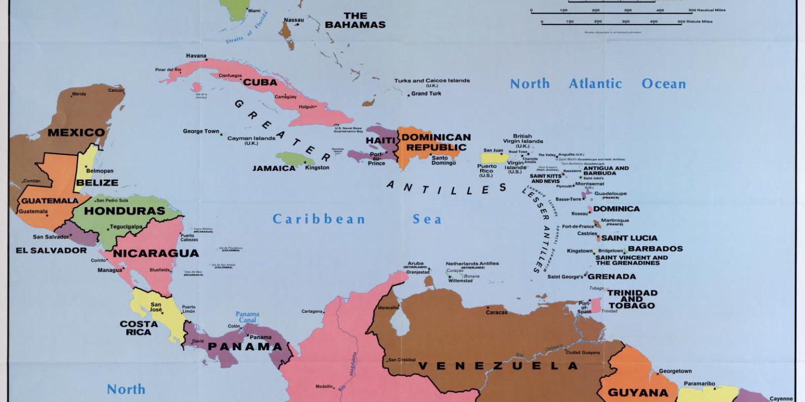 A political map of the Caribbean Sea showing Central and South America.
